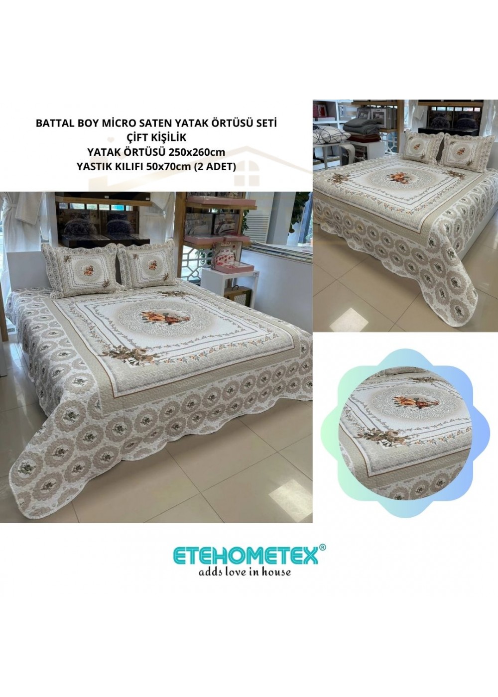 ETEHOMETEX ÇİFT KİŞİLİK KAPİTONELİ YATAK ÖRTÜSÜ SETİ ROSEMARY 8696474231896